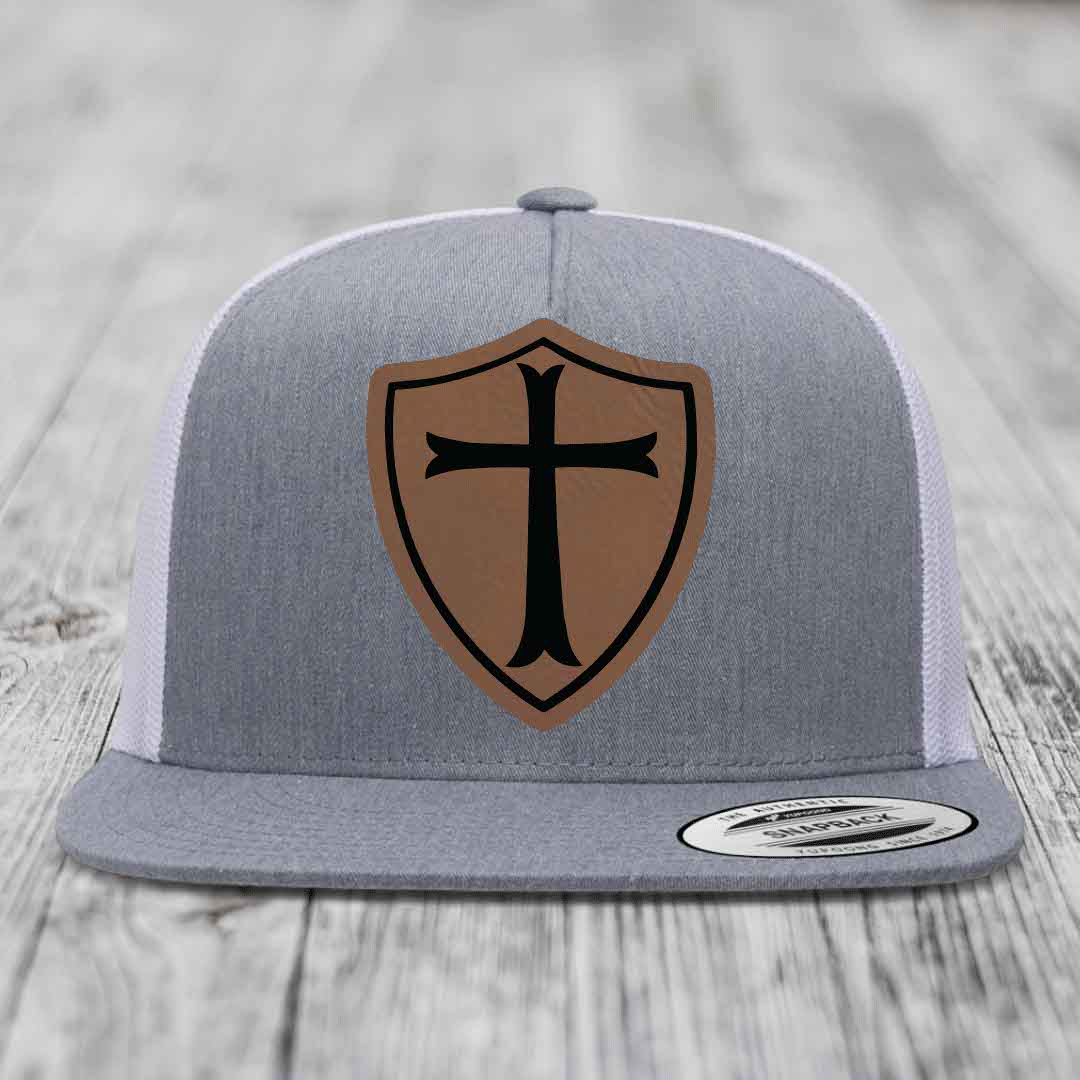 Knights Templar - Leather Patch Hat - Dark Brown to Black Patch - Yupoong 6006 Snapback Flatbill Hat