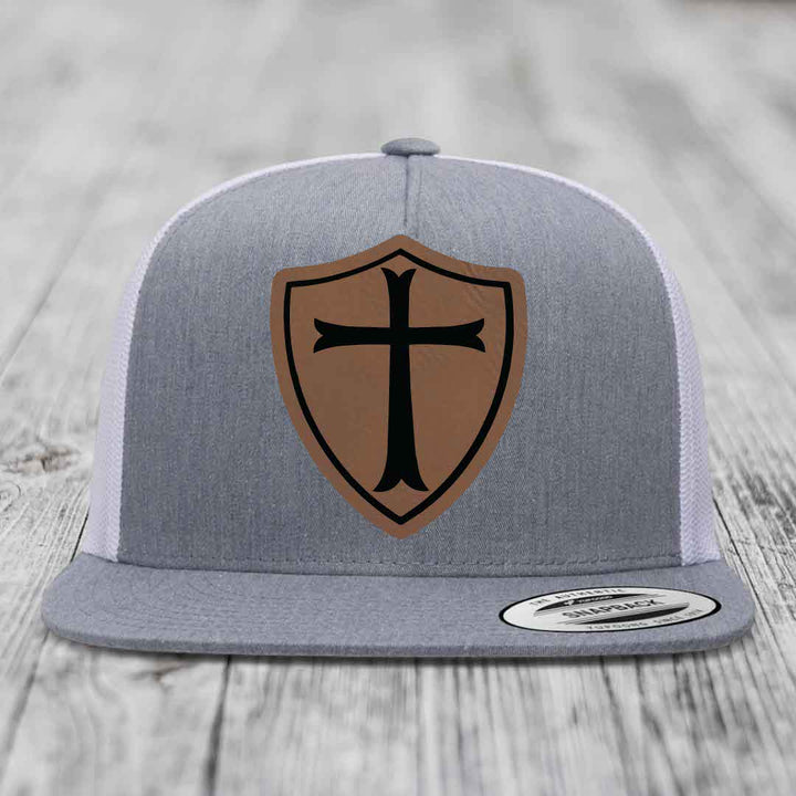 Knights Templar - Leather Patch Hat - Dark Brown to Black Patch - Yupoong 6006 Snapback Flatbill Hat