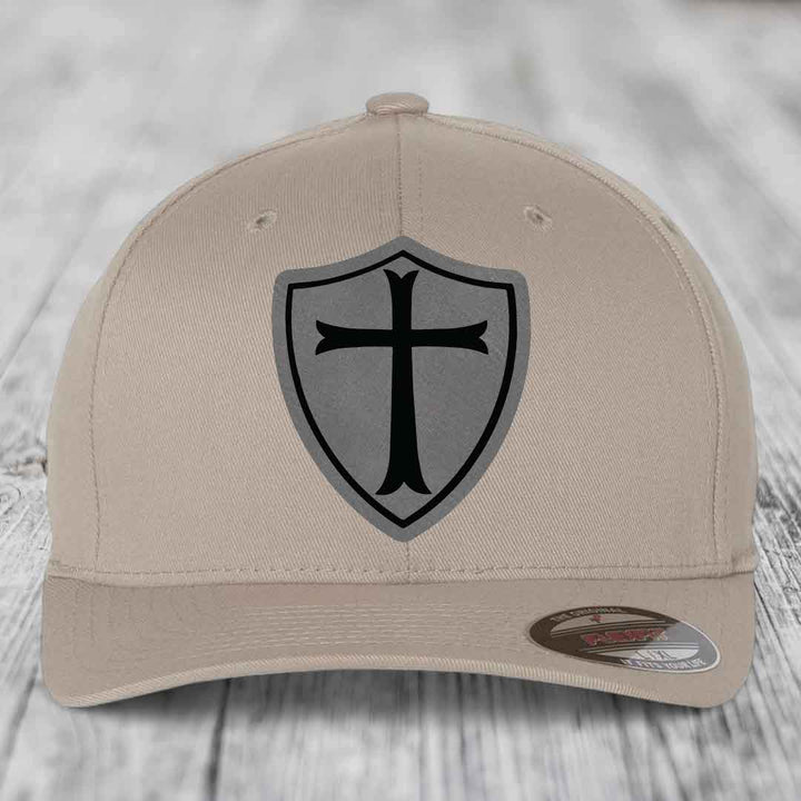 Knights Templar - Leather Patch Hat - Grey to Black Patch - Flexfit 6277 Fitted Hat