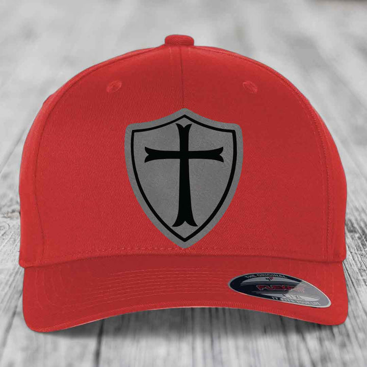 Knights Templar - Leather Patch Hat - Grey to Black Patch - Flexfit 6277 Fitted Hat