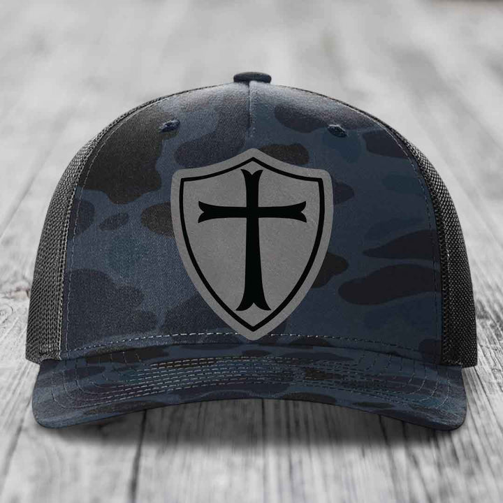 Knights Templar - Leather Patch Hat - Grey to Black Patch - Richardson 112PFP Snapback Trucker Hat