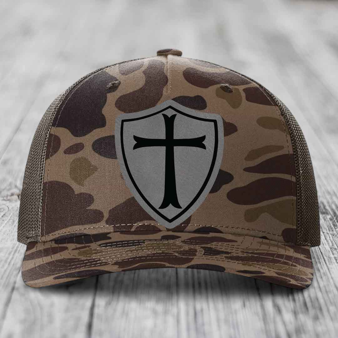 Knights Templar - Leather Patch Hat - Grey to Black Patch - Richardson 112PFP Snapback Trucker Hat