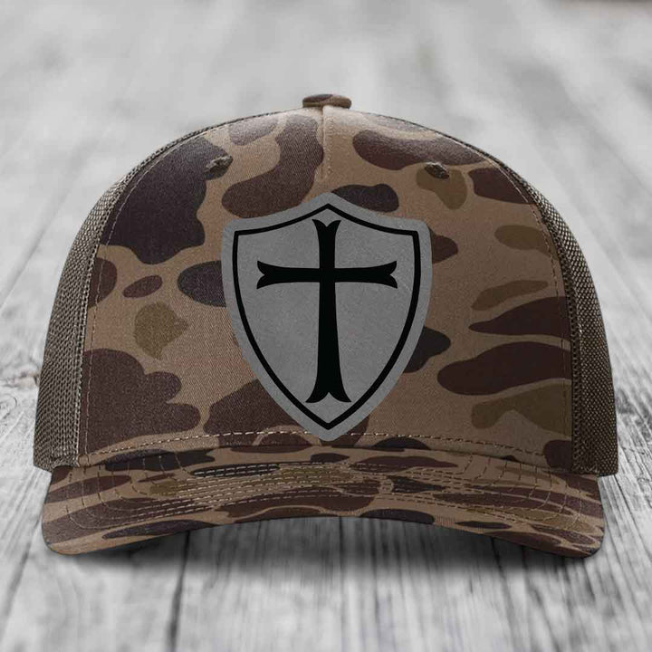 Knights Templar - Leather Patch Hat - Grey to Black Patch - Richardson 112PFP Snapback Trucker Hat