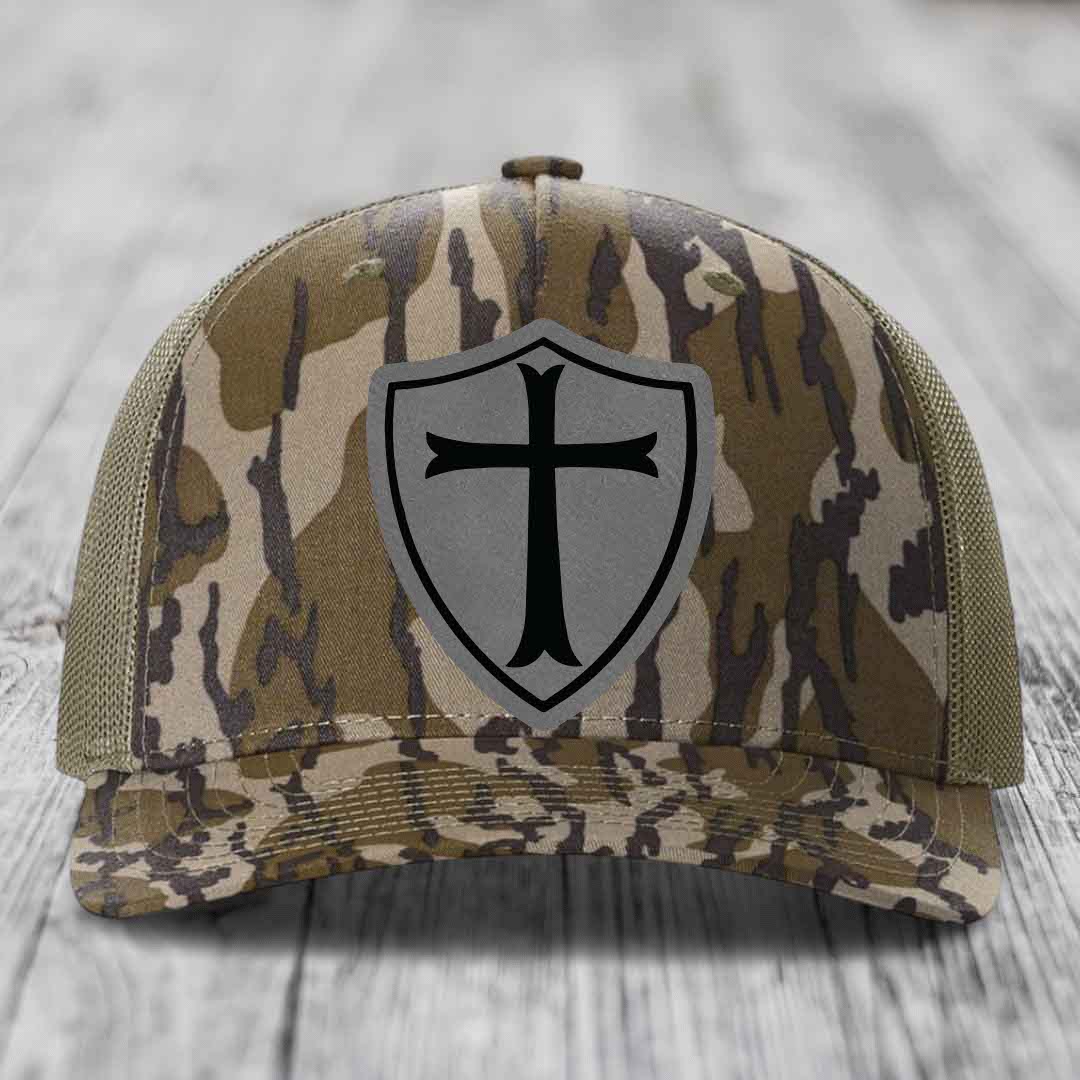 Knights Templar - Leather Patch Hat - Grey to Black Patch - Richardson 112PFP Snapback Trucker Hat