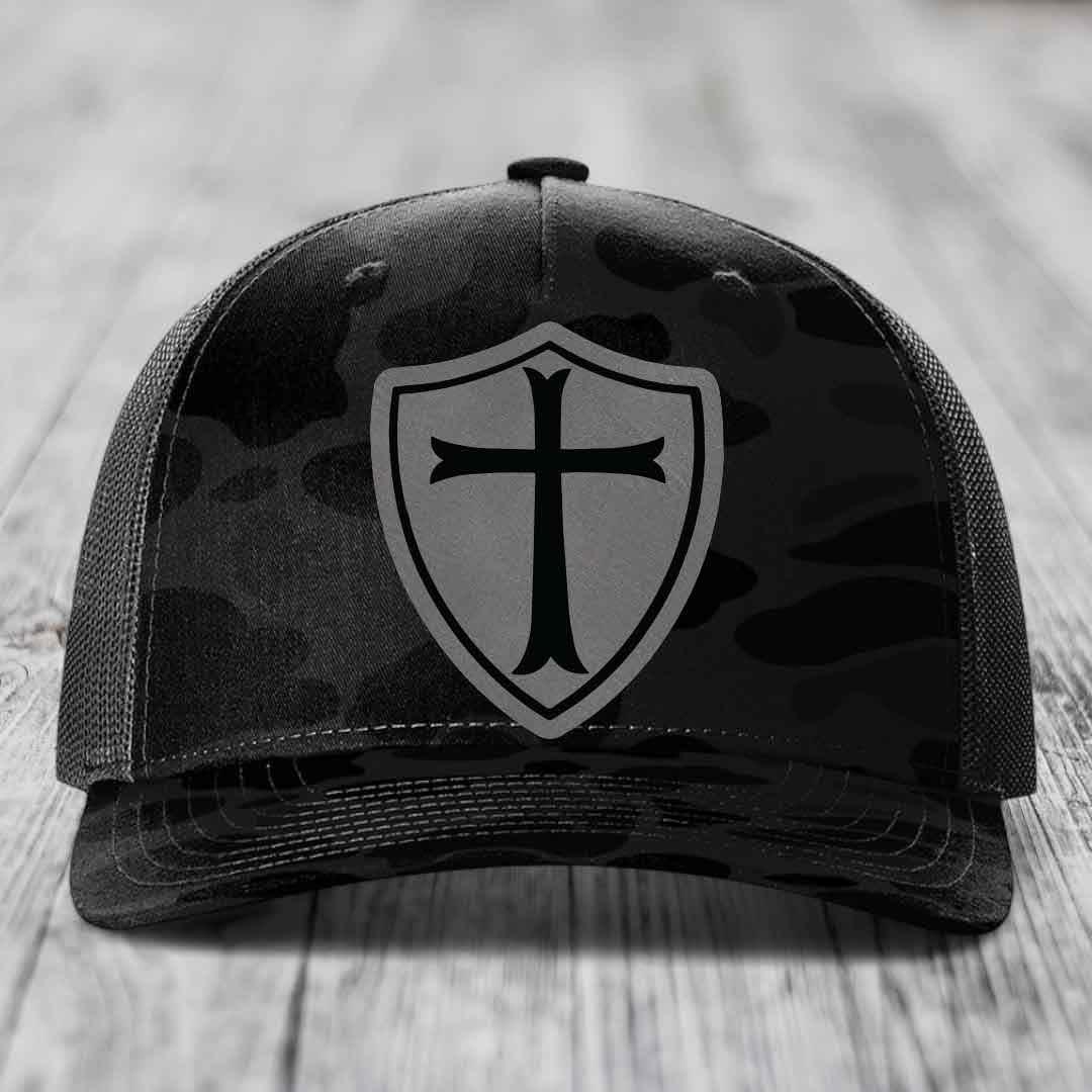 Knights Templar - Leather Patch Hat - Grey to Black Patch - Richardson 112PFP Snapback Trucker Hat