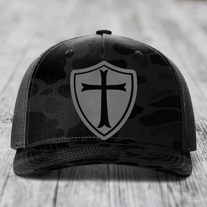 Knights Templar - Leather Patch Hat - Grey to Black Patch - Richardson 112PFP Snapback Trucker Hat