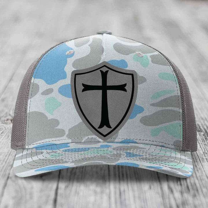 Knights Templar - Leather Patch Hat - Grey to Black Patch - Richardson 112PFP Snapback Trucker Hat
