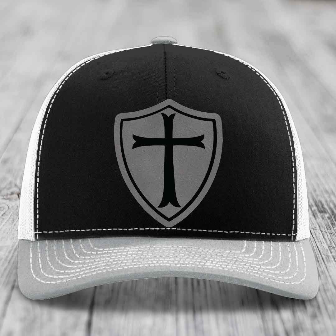 Knights Templar - Leather Patch Hat - Grey to Black Patch - Richardson 112 Snapback Trucker Hat