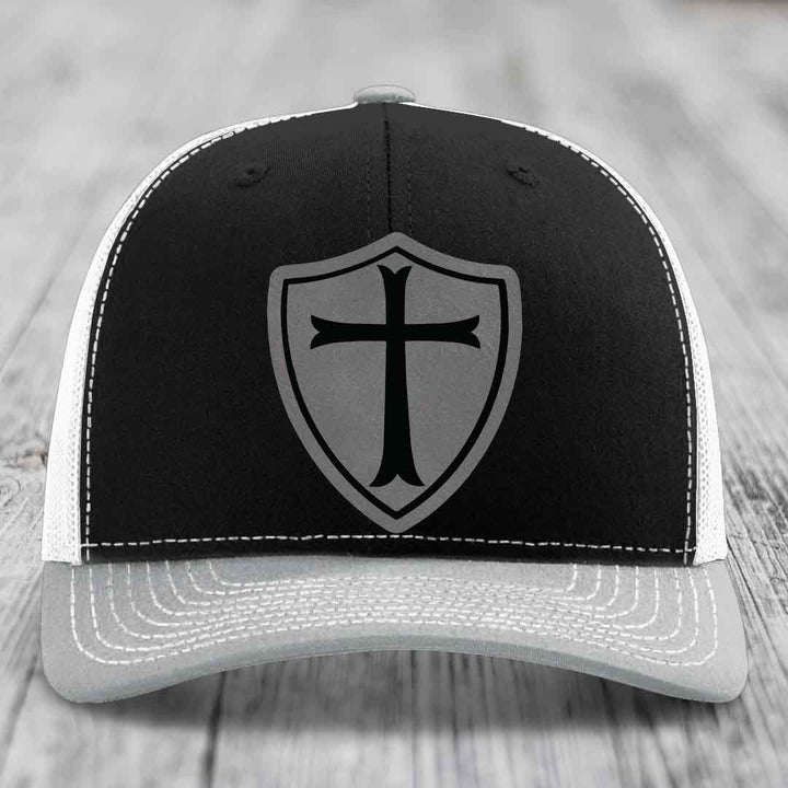 Knights Templar - Leather Patch Hat - Grey to Black Patch - Richardson 112 Snapback Trucker Hat