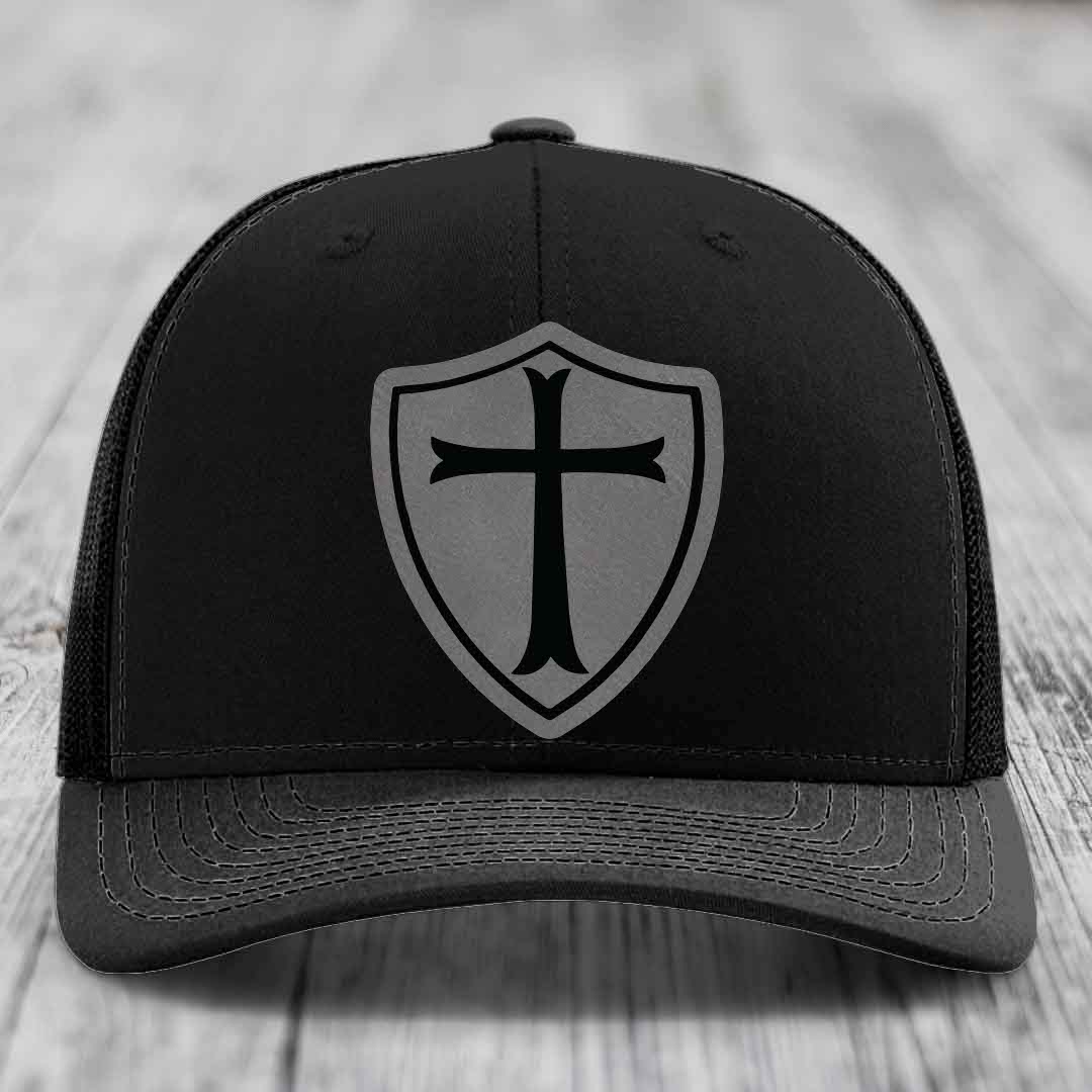 Knights Templar - Leather Patch Hat - Grey to Black Patch - Richardson 112 Snapback Trucker Hat