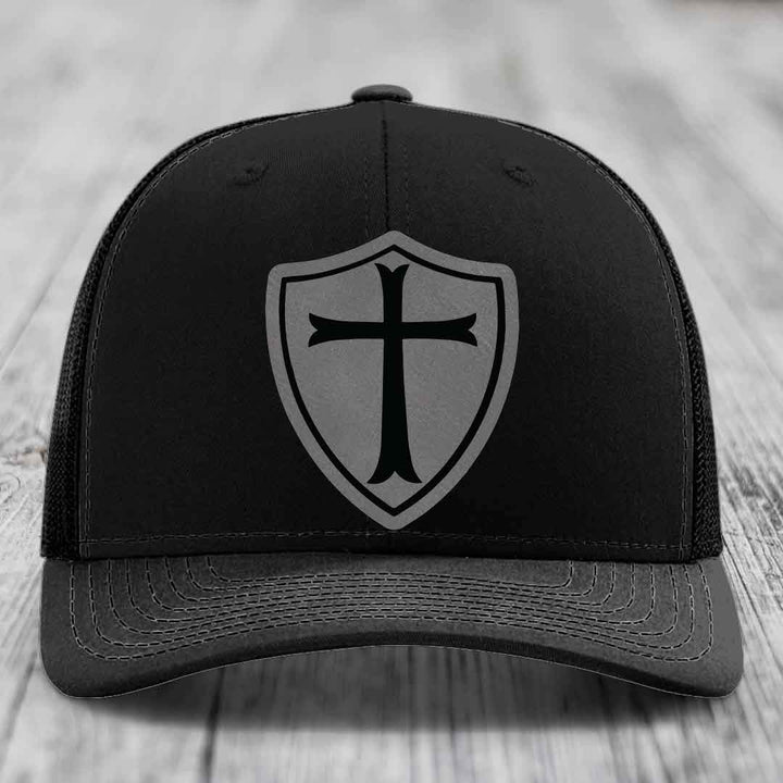 Knights Templar - Leather Patch Hat - Grey to Black Patch - Richardson 112 Snapback Trucker Hat
