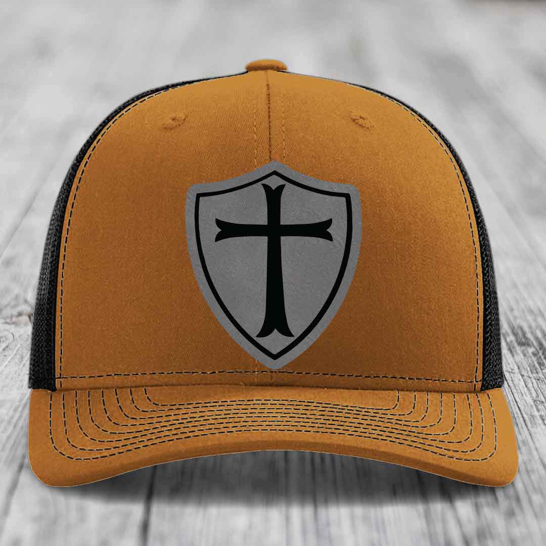 Knights Templar - Leather Patch Hat - Grey to Black Patch - Richardson 112 Snapback Trucker Hat