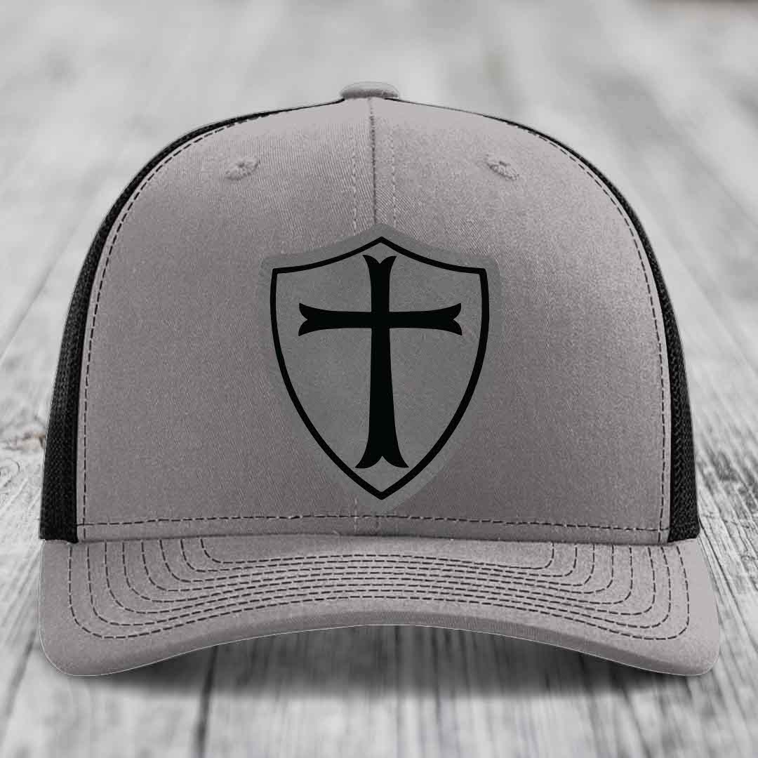 Knights Templar - Leather Patch Hat - Grey to Black Patch - Richardson 112 Snapback Trucker Hat