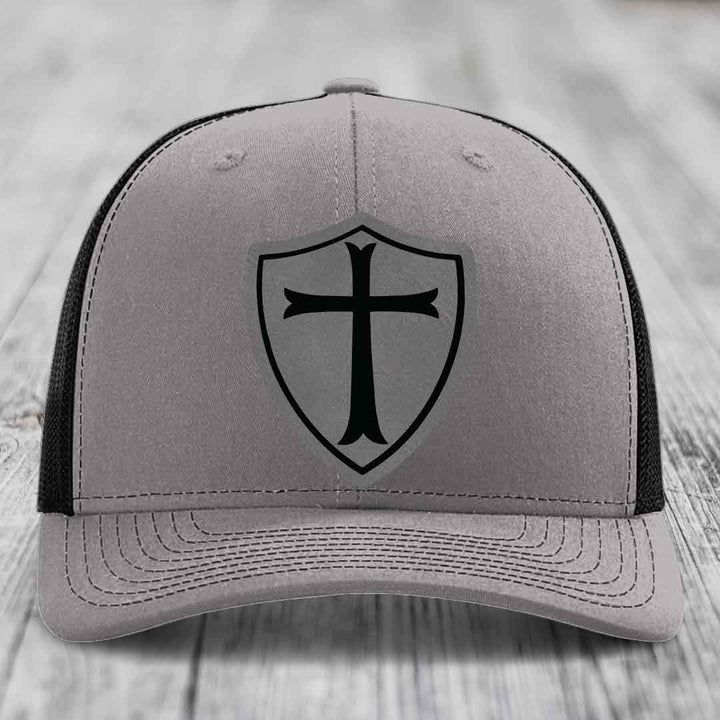 Knights Templar - Leather Patch Hat - Grey to Black Patch - Richardson 112 Snapback Trucker Hat