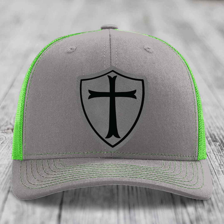 Knights Templar - Leather Patch Hat - Grey to Black Patch - Richardson 112 Snapback Trucker Hat