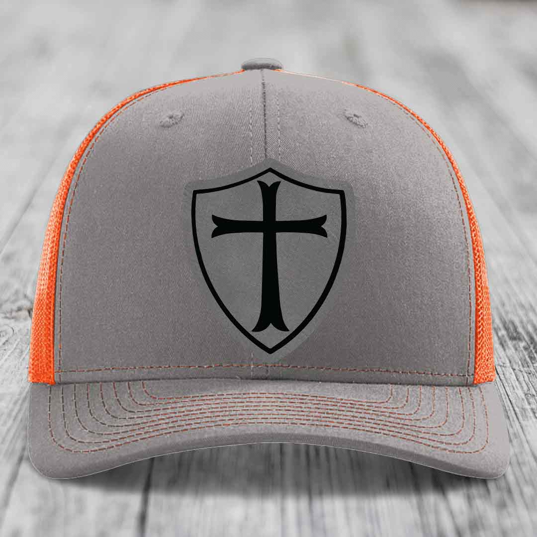 Knights Templar - Leather Patch Hat - Grey to Black Patch - Richardson 112 Snapback Trucker Hat