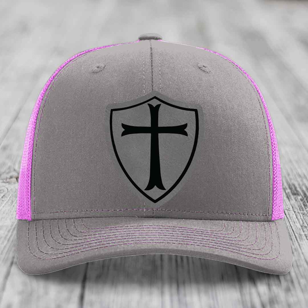 Knights Templar - Leather Patch Hat - Grey to Black Patch - Richardson 112 Snapback Trucker Hat