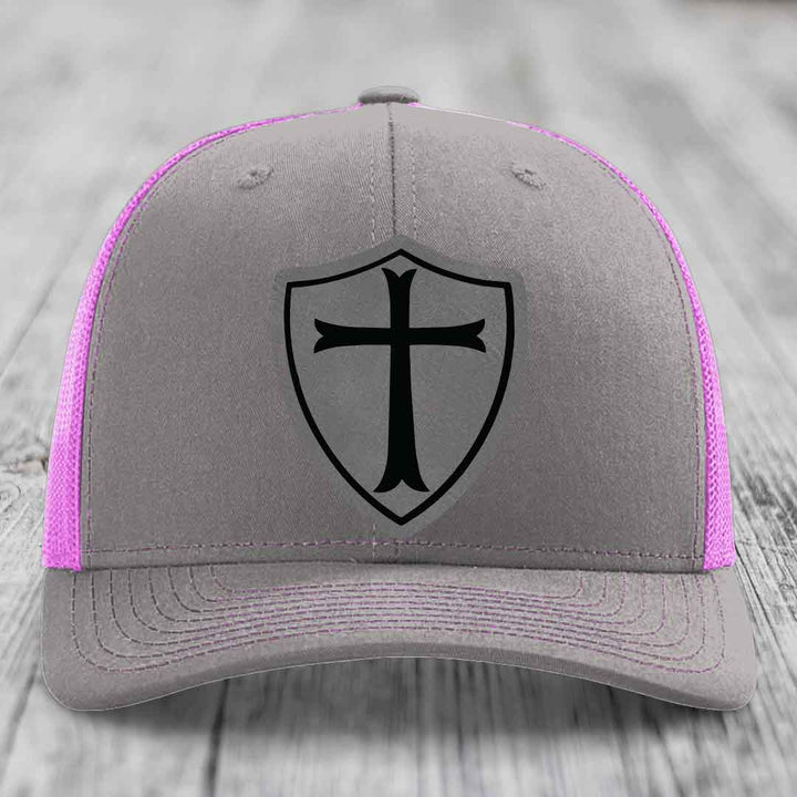 Knights Templar - Leather Patch Hat - Grey to Black Patch - Richardson 112 Snapback Trucker Hat
