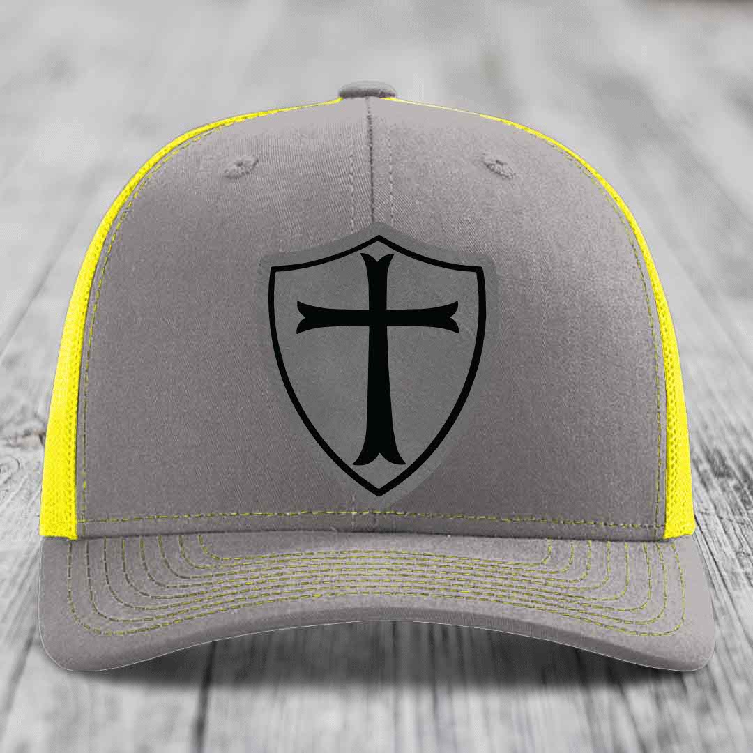 Knights Templar - Leather Patch Hat - Grey to Black Patch - Richardson 112 Snapback Trucker Hat