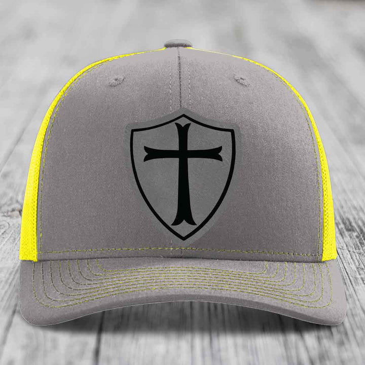Knights Templar - Leather Patch Hat - Grey to Black Patch - Richardson 112 Snapback Trucker Hat