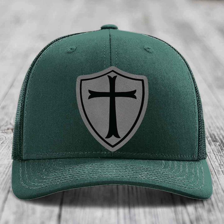 Knights Templar - Leather Patch Hat - Grey to Black Patch - Richardson 112 Snapback Trucker Hat