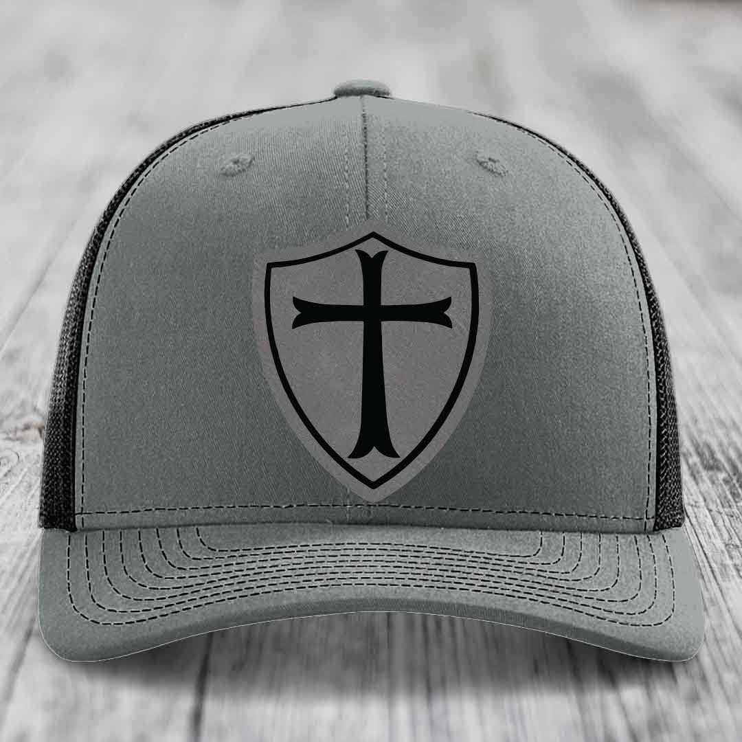 Knights Templar - Leather Patch Hat - Grey to Black Patch - Richardson 112 Snapback Trucker Hat