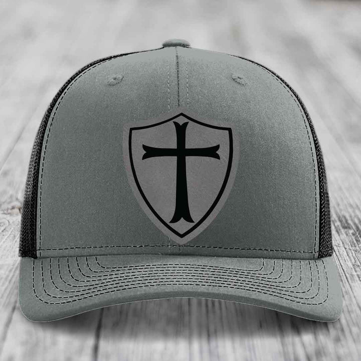 Knights Templar - Leather Patch Hat - Grey to Black Patch - Richardson 112 Snapback Trucker Hat