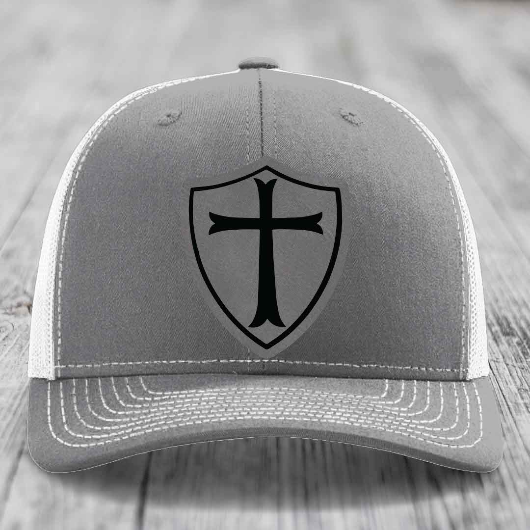 Knights Templar - Leather Patch Hat - Grey to Black Patch - Richardson 112 Snapback Trucker Hat