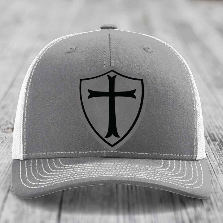 Knights Templar - Leather Patch Hat - Grey to Black Patch - Richardson 112 Snapback Trucker Hat