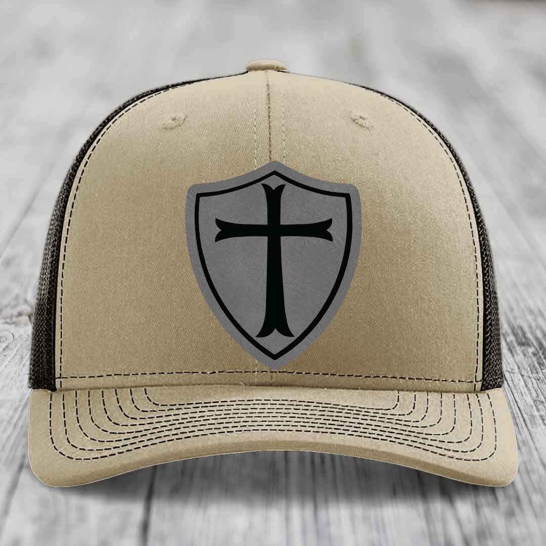 Knights Templar - Leather Patch Hat - Grey to Black Patch - Richardson 112 Snapback Trucker Hat