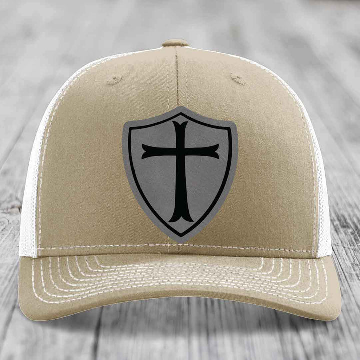 Knights Templar - Leather Patch Hat - Grey to Black Patch - Richardson 112 Snapback Trucker Hat