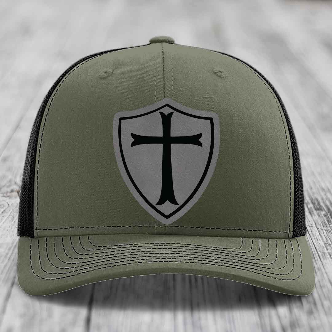 Knights Templar - Leather Patch Hat - Grey to Black Patch - Richardson 112 Snapback Trucker Hat