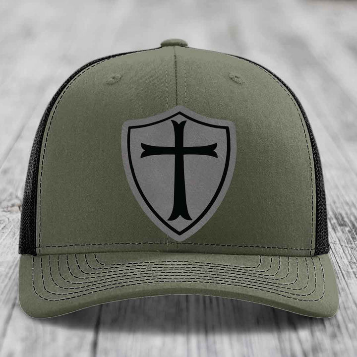 Knights Templar - Leather Patch Hat - Grey to Black Patch - Richardson 112 Snapback Trucker Hat