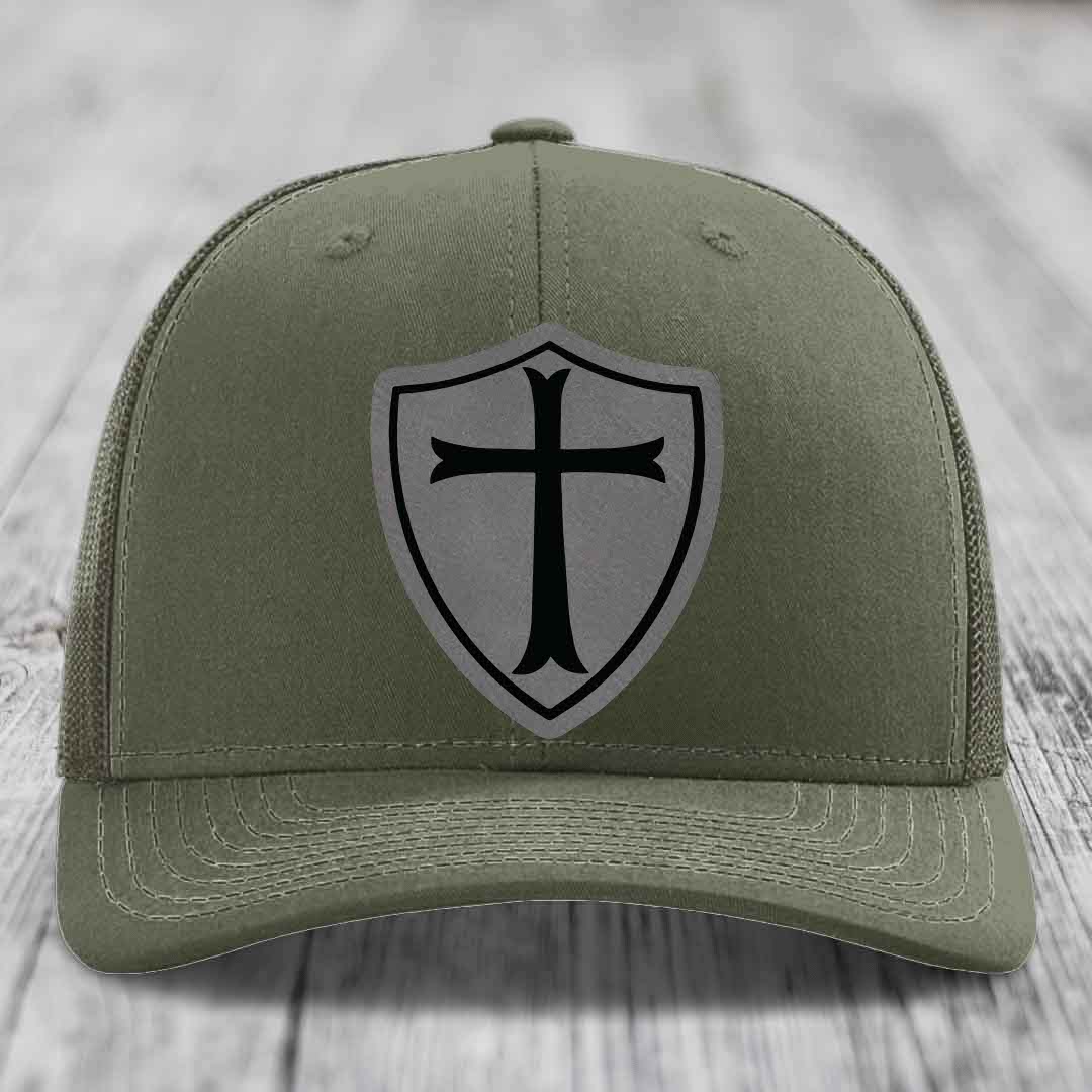 Knights Templar - Leather Patch Hat - Grey to Black Patch - Richardson 112 Snapback Trucker Hat