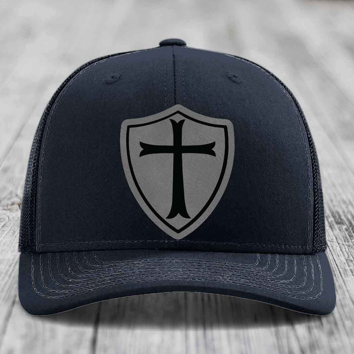 Knights Templar - Leather Patch Hat - Grey to Black Patch - Richardson 112 Snapback Trucker Hat