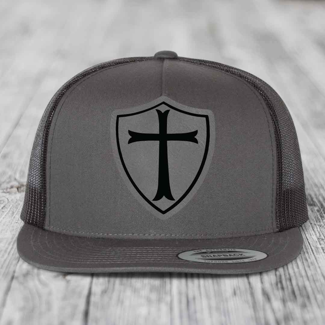 Knights Templar - Leather Patch Hat - Grey to Black Patch - Yupoong 6006 Snapback Flatbill Hat