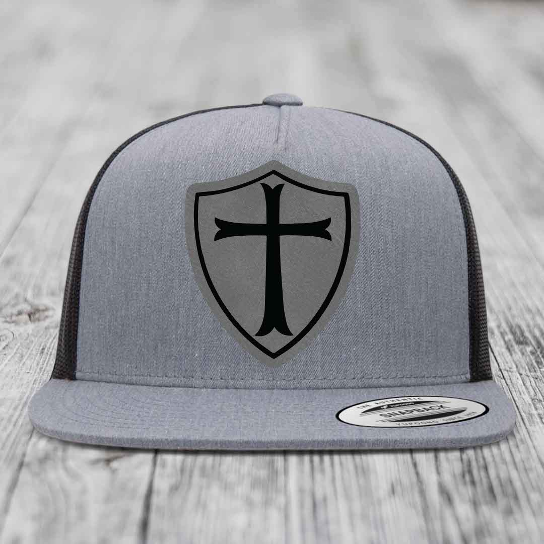 Knights Templar - Leather Patch Hat - Grey to Black Patch - Yupoong 6006 Snapback Flatbill Hat