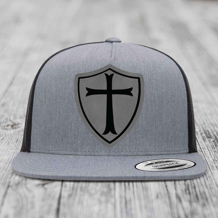 Knights Templar - Leather Patch Hat - Grey to Black Patch - Yupoong 6006 Snapback Flatbill Hat