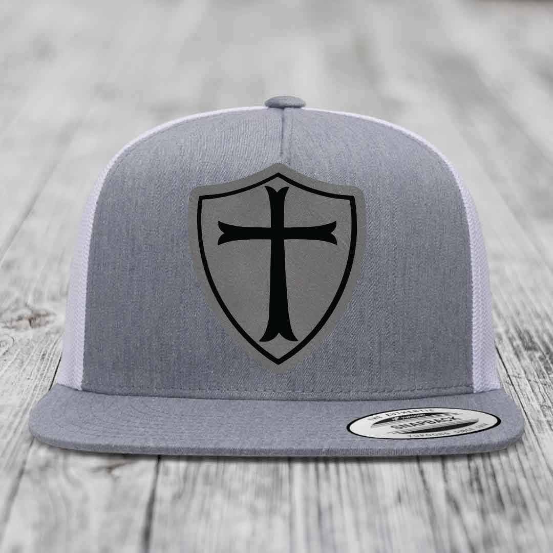 Knights Templar - Leather Patch Hat - Grey to Black Patch - Yupoong 6006 Snapback Flatbill Hat
