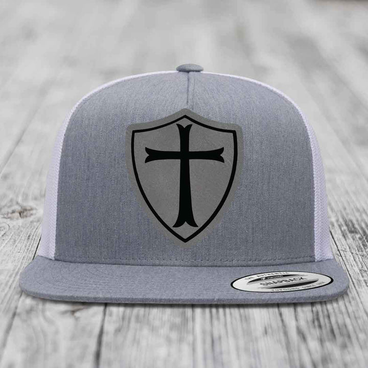 Knights Templar - Leather Patch Hat - Grey to Black Patch - Yupoong 6006 Snapback Flatbill Hat