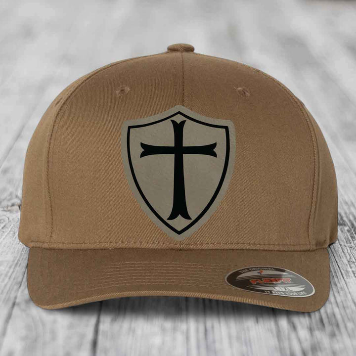 Knights Templar - Leather Patch Hat - Light Brown to Black Patch - Flexfit 6277 Fitted Hat