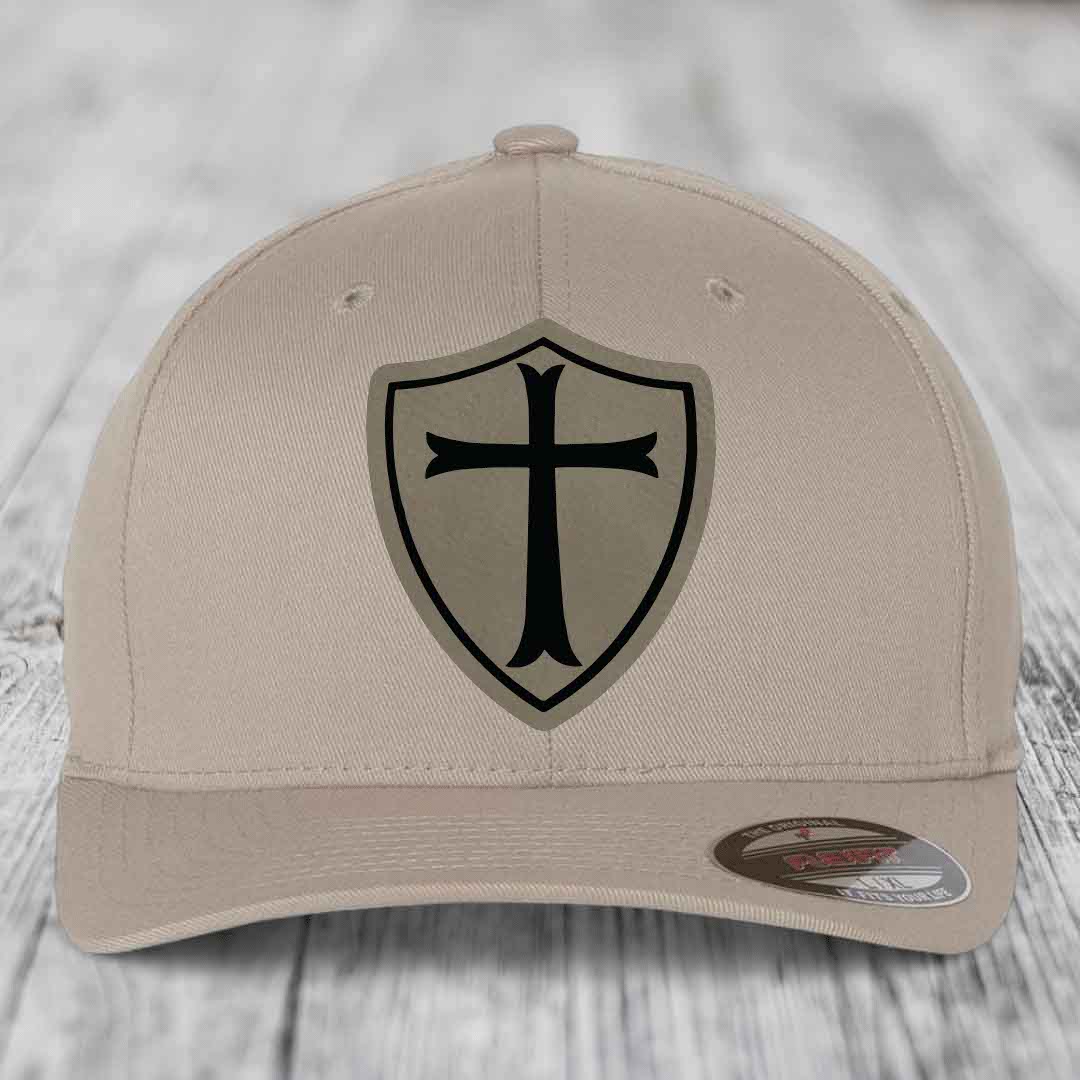 Knights Templar - Leather Patch Hat - Light Brown to Black Patch - Flexfit 6277 Fitted Hat