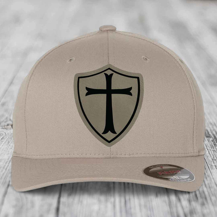 Knights Templar - Leather Patch Hat - Light Brown to Black Patch - Flexfit 6277 Fitted Hat