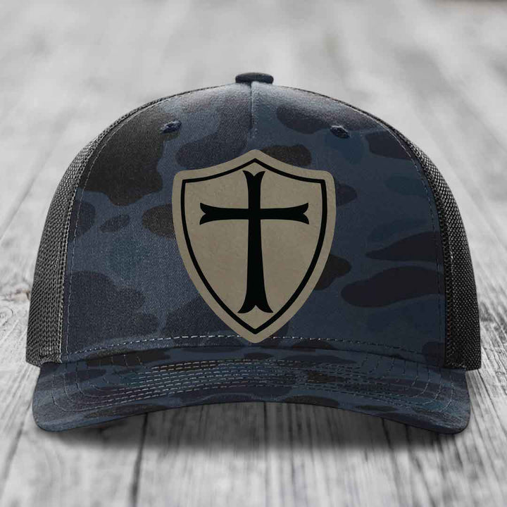 Knights Templar - Leather Patch Hat - Light Brown to Black Patch - Richardson 112PFP Snapback Trucker Hat