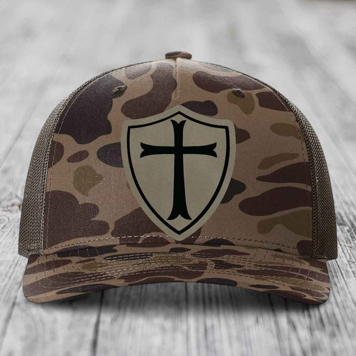 Knights Templar - Leather Patch Hat - Light Brown to Black Patch - Richardson 112PFP Snapback Trucker Hat