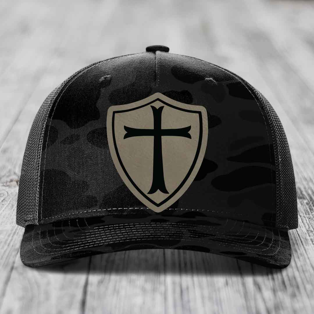 Knights Templar - Leather Patch Hat - Light Brown to Black Patch - Richardson 112PFP Snapback Trucker Hat