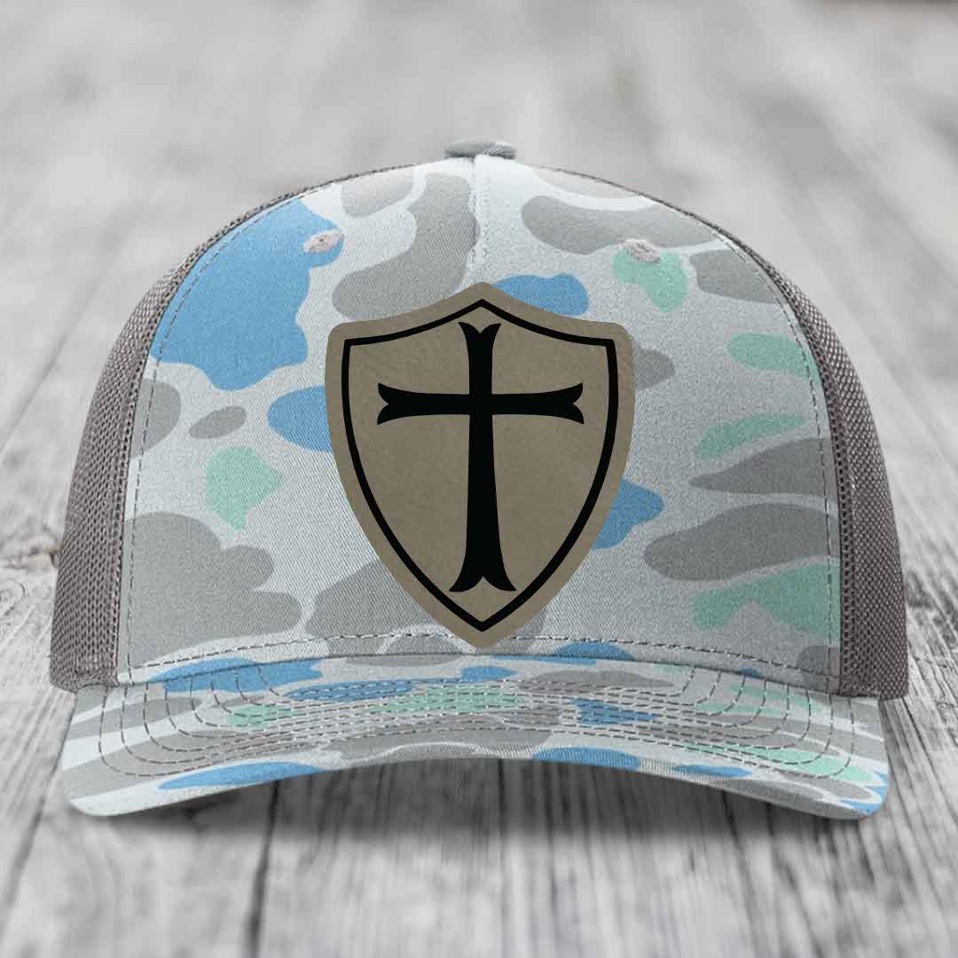 Knights Templar - Leather Patch Hat - Light Brown to Black Patch - Richardson 112PFP Snapback Trucker Hat