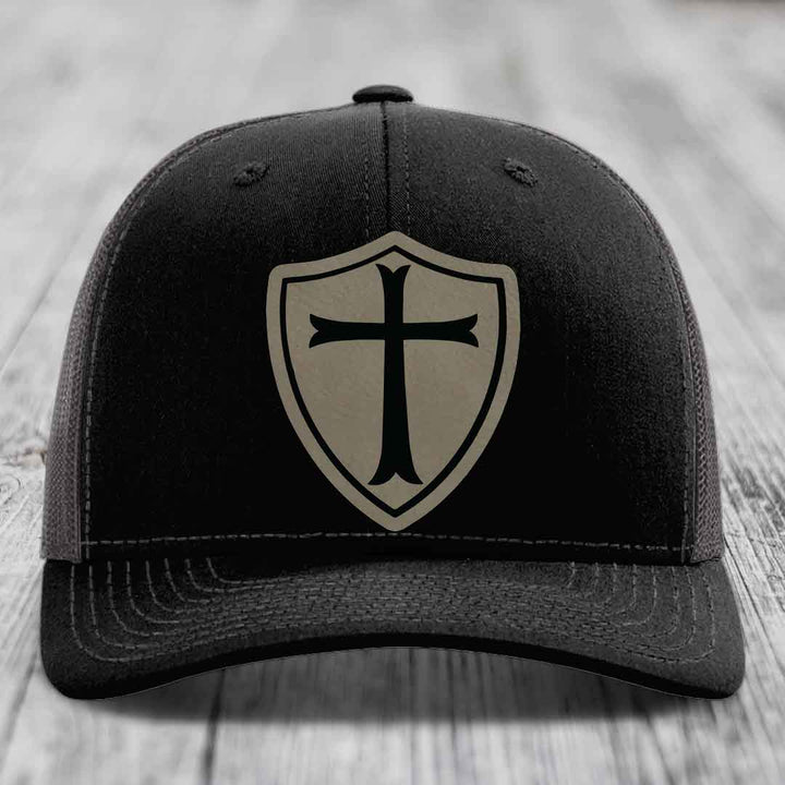 Knights Templar - Leather Patch Hat - Light Brown to Black Patch - Richardson 112 Snapback Trucker Hat