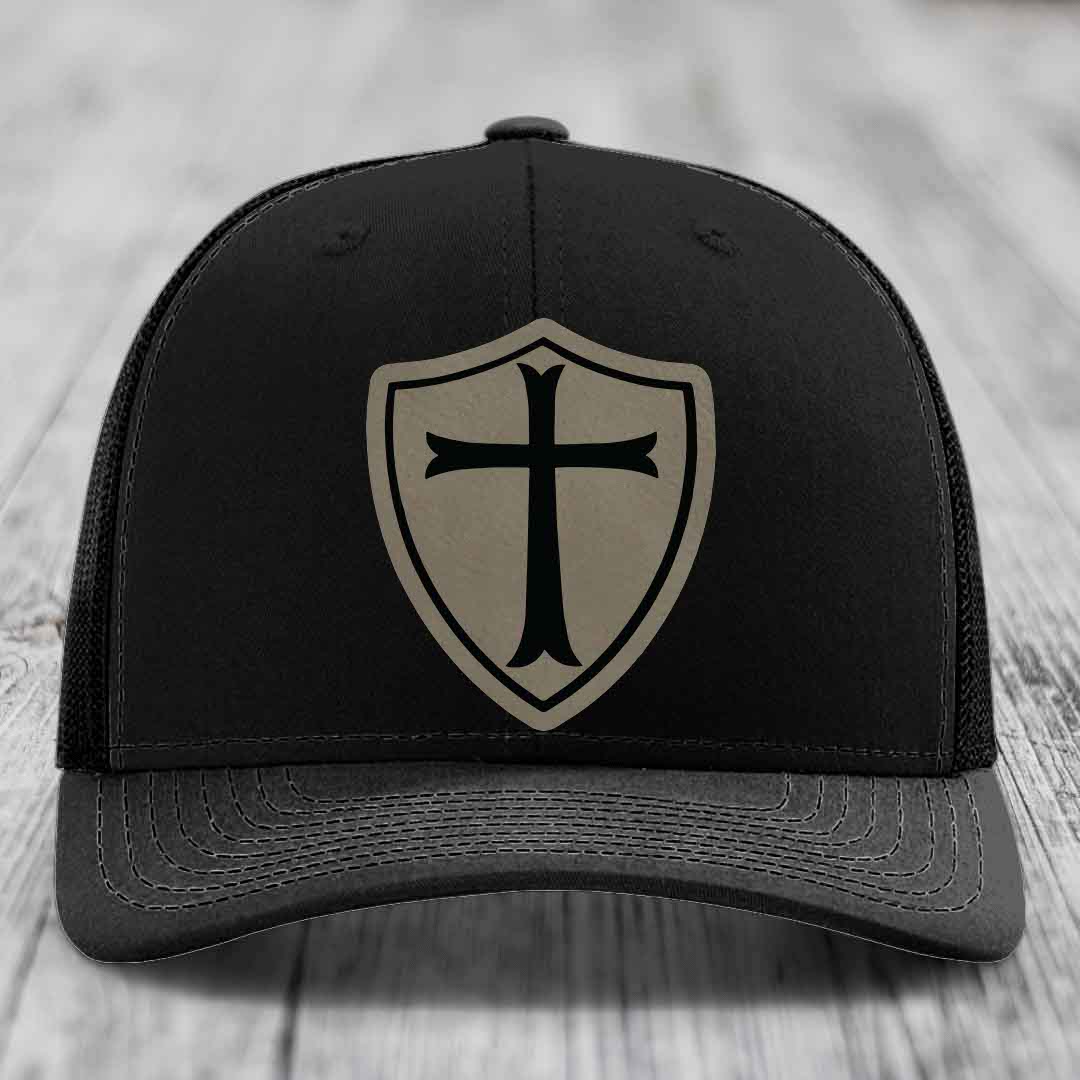 Knights Templar - Leather Patch Hat - Light Brown to Black Patch - Richardson 112 Snapback Trucker Hat