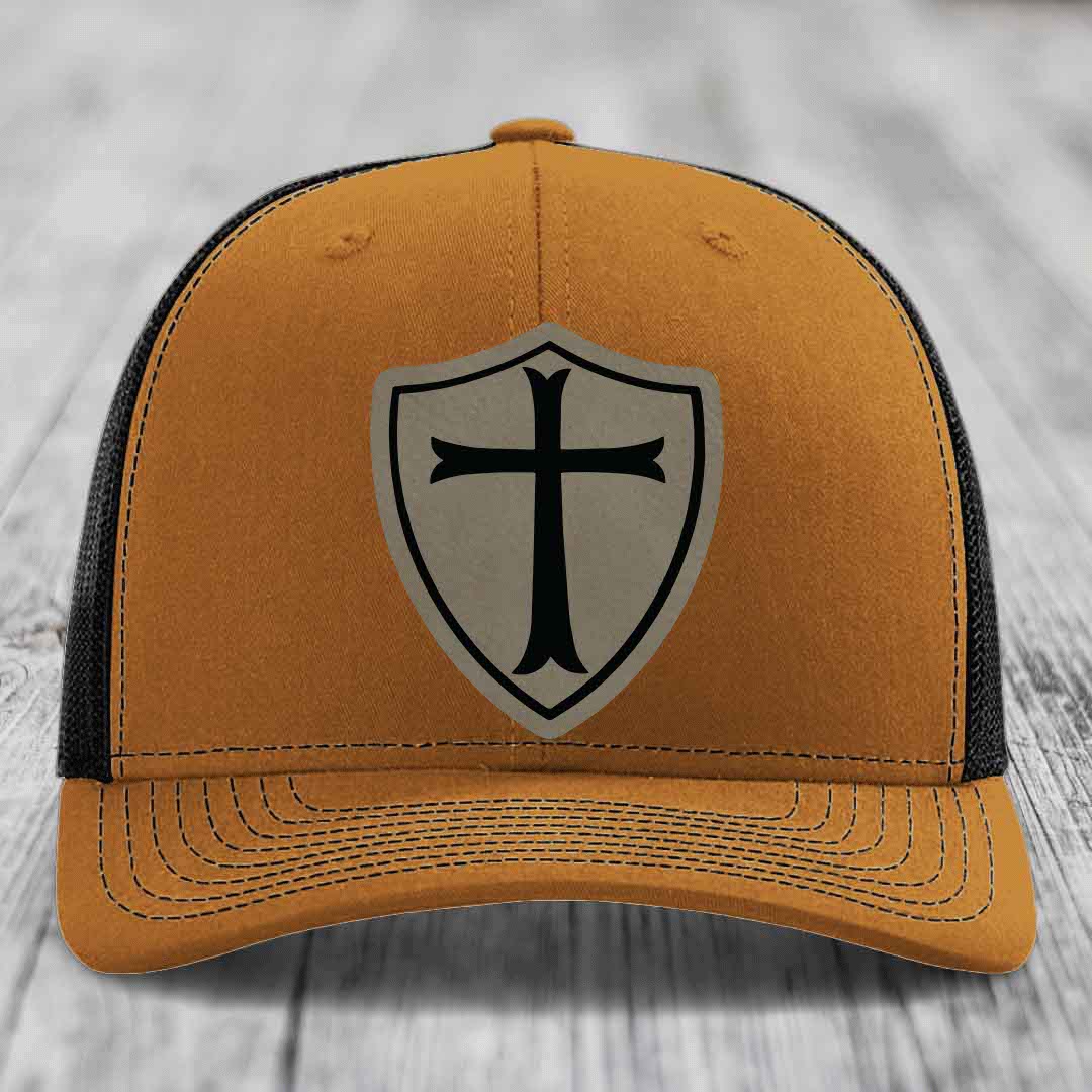 Knights Templar - Leather Patch Hat - Light Brown to Black Patch - Richardson 112 Snapback Trucker Hat